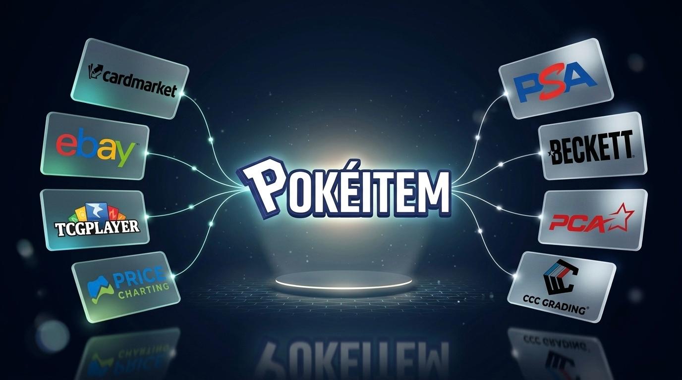 Several holographic Pokémon cards laid on a table next to a smartphone displaying market prices, illustrating the search for reliable valuations in 2026