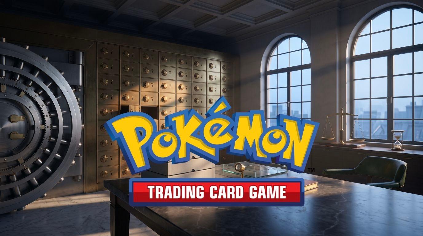 Collection of rare Pokémon cards laid on a table, including a PSA 10 graded holographic Charizard, with a value chart in the background illustrating Pokémon card investment in 2026