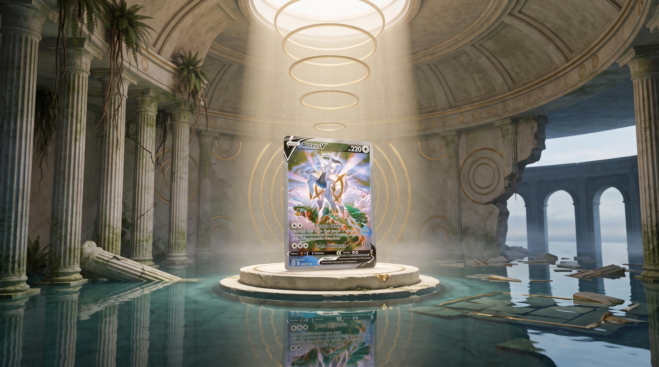 Karte Arceus V Alternate Full Art 166/172 aus dem Set EB Strahlende Sterne, illustriert von kawayoo, zeigt Arceus in einer leuchtenden Himmelslandschaft in goldenen Pastellfarben