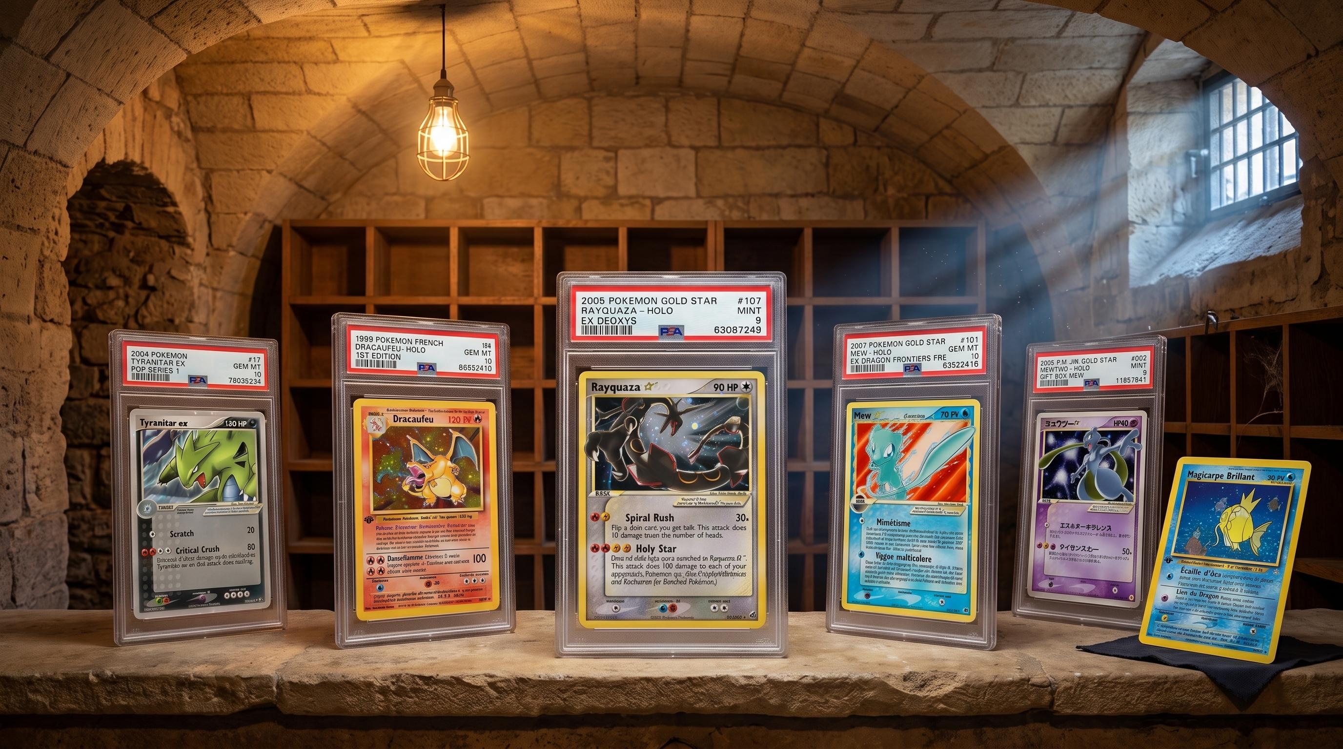 Classifica delle carte Pokémon francesi più costose: Rayquaza Gold Star EX Deoxys, Charizard Holo Set Base 1a edizione FR, Mew Star EX Isola dei Draghi, carte graded PSA su sfondo scuro
