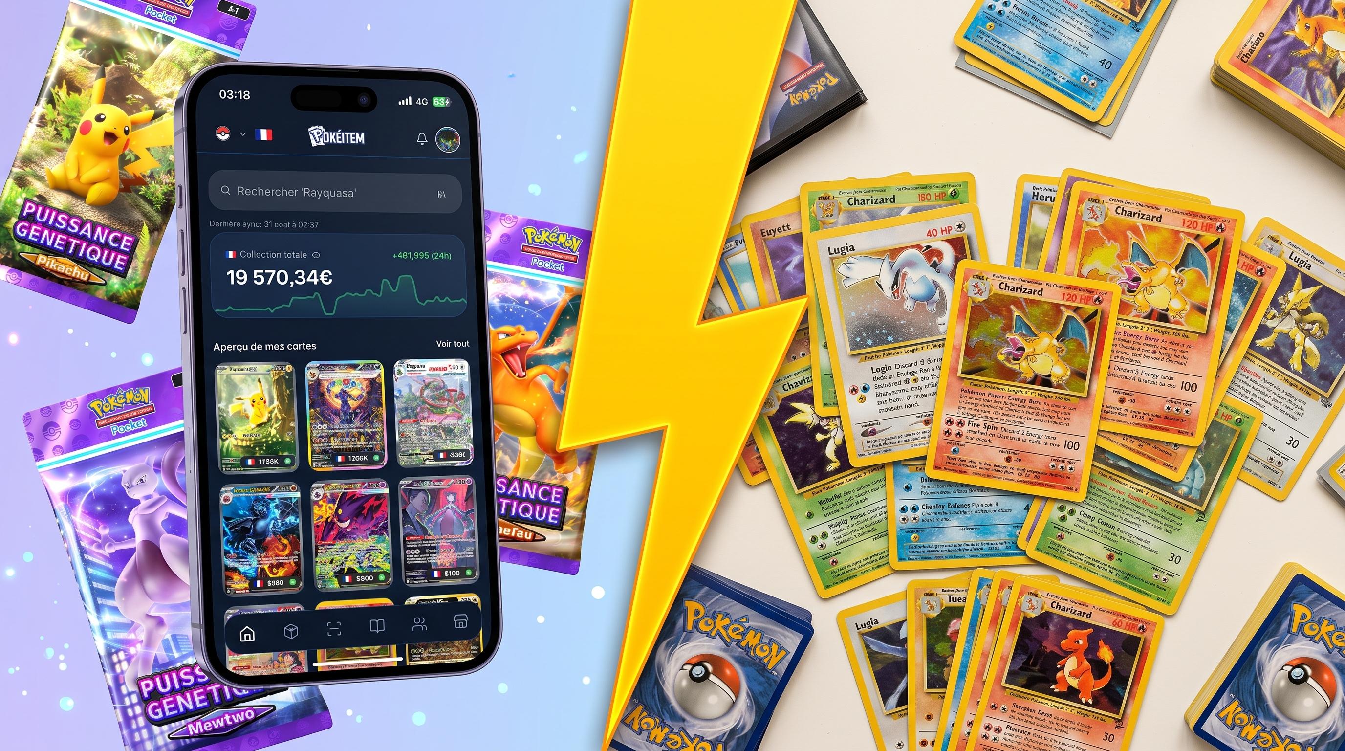 Comparison between the Pokémon TCG Pocket mobile app displaying digital cards and a collection of real physical Pokémon cards laid out on a table