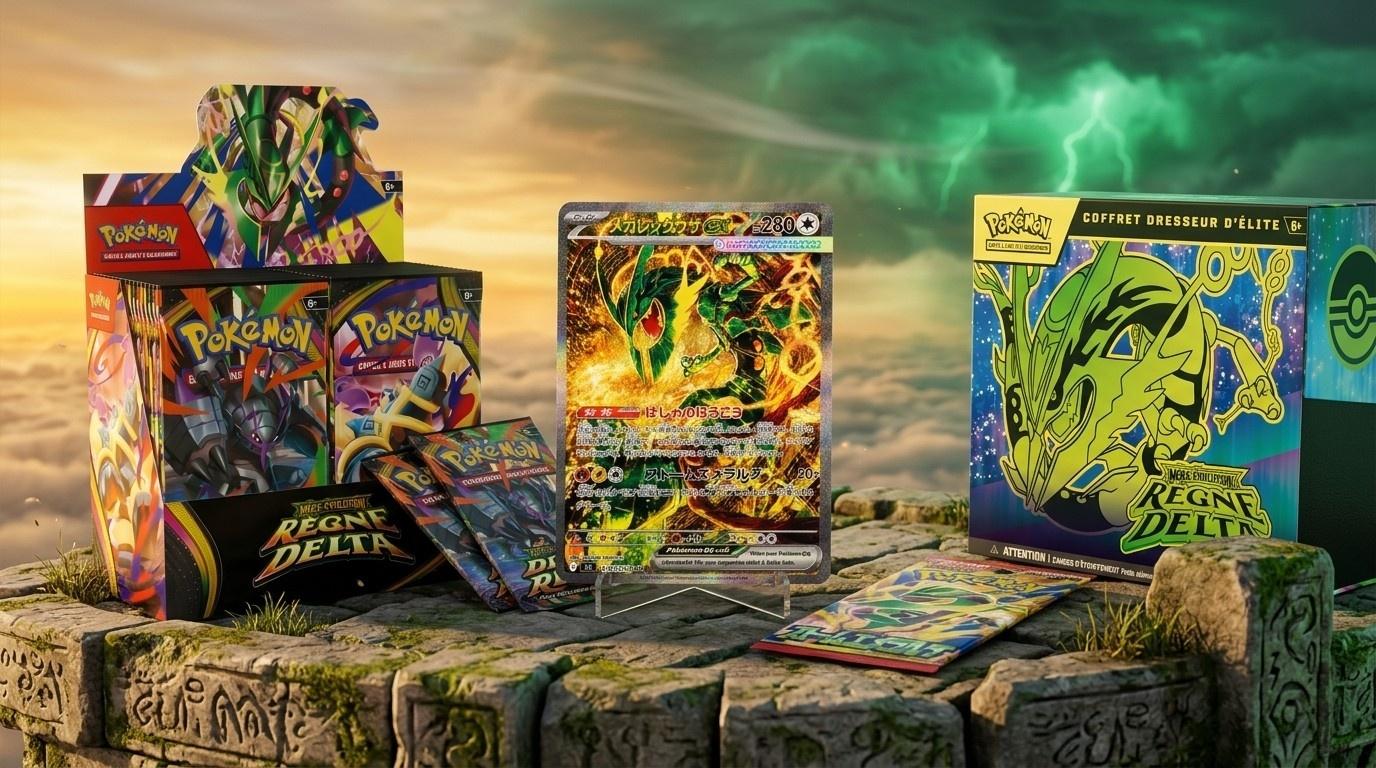 Booster-Display, Boosterpacks und Top-Trainer-Box von Pokémon Delta-Herrschaft rund um die japanische Karte Mega-Rayquaza-ex Special Art Rare