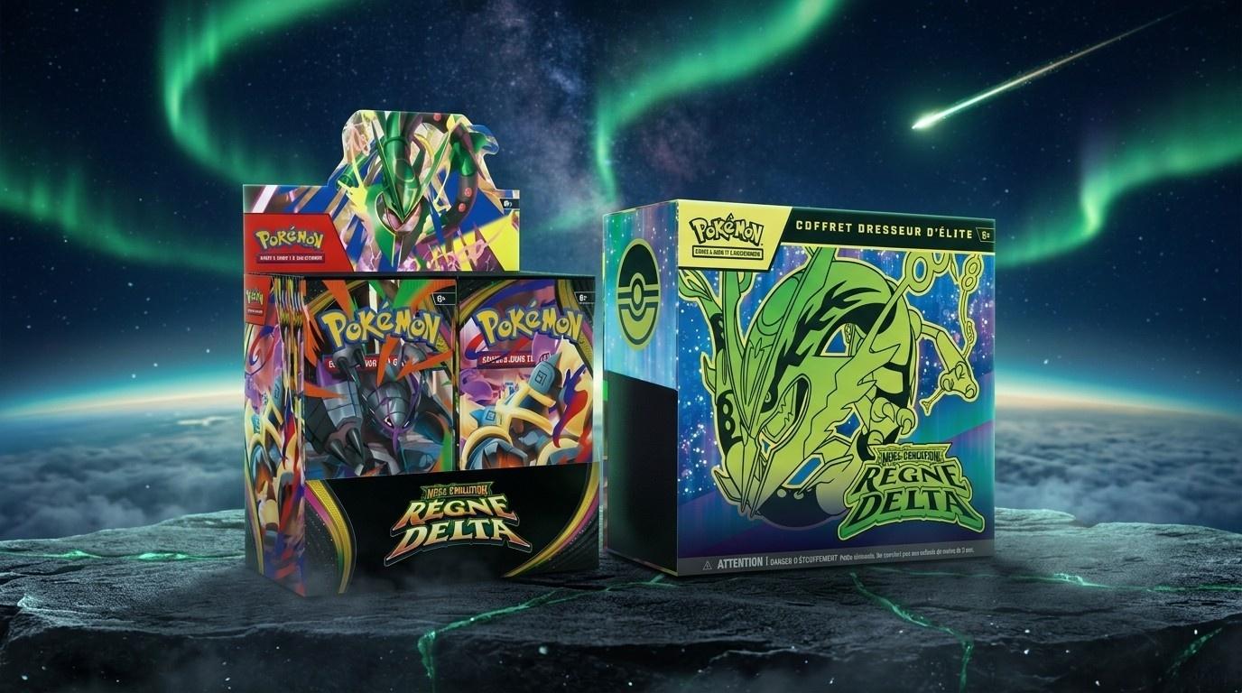 Mega Evolution Delta Reign の36パック入りディスプレイとエリートトレーナーボックス フランス語版、メガレックウザ