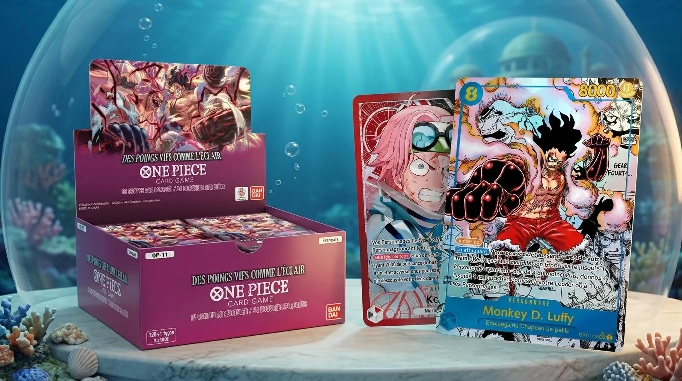 Display français du booster One Piece Card Game OP-11 Des Poings Vifs Comme l'Éclair avec les cartes Monkey D. Luffy Super Parallèle et Kobby Leader parallèle