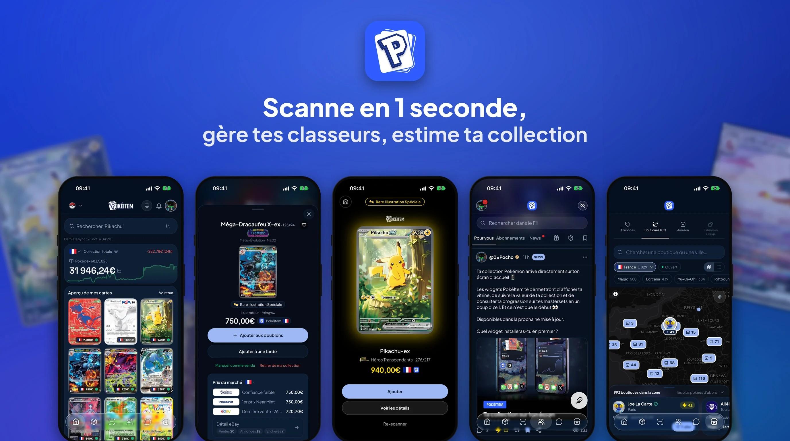 PokéItem 1.3.0 : scanne en 1 seconde, gère tes classeurs et estime ta collection, cinq écrans de l'application