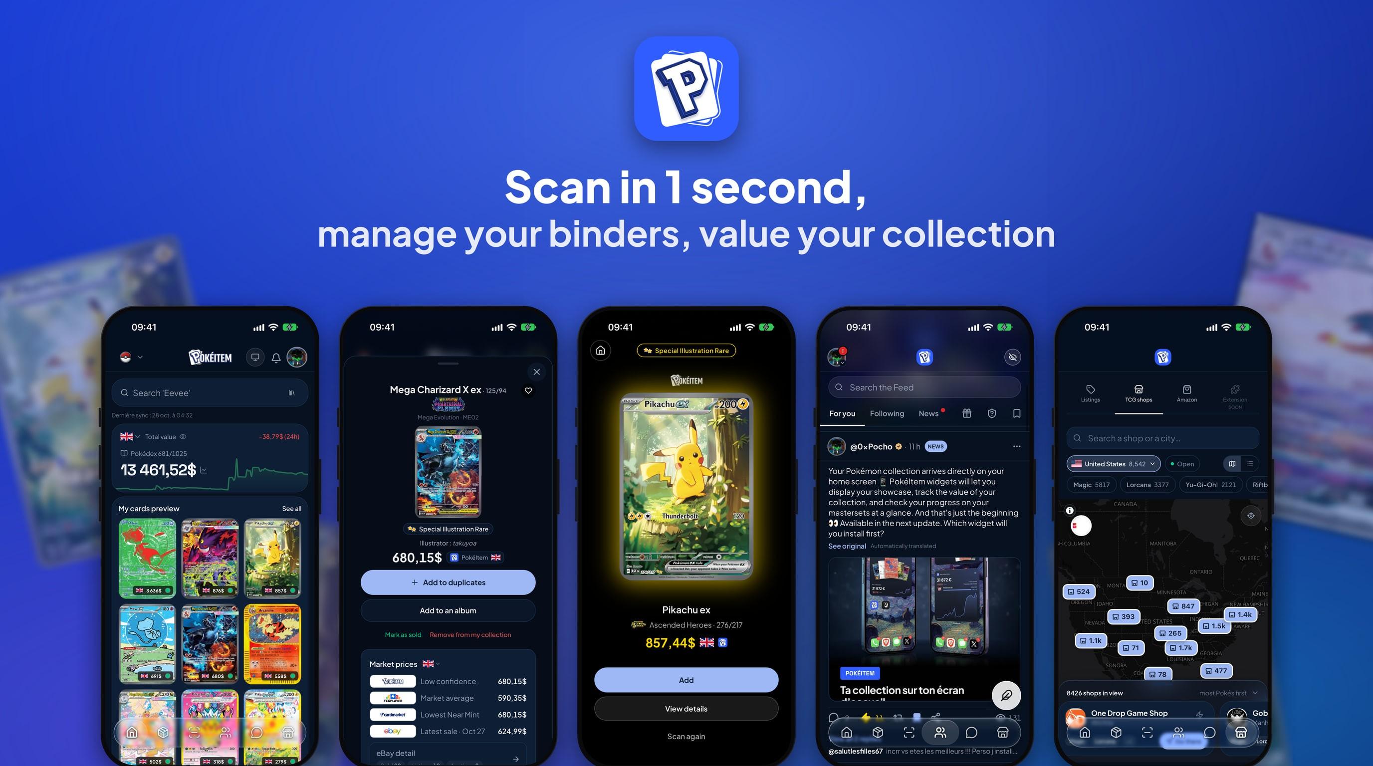 PokéItem 1.3.0: scan in 1 second, manage your binders and estimate your collection, five app screens