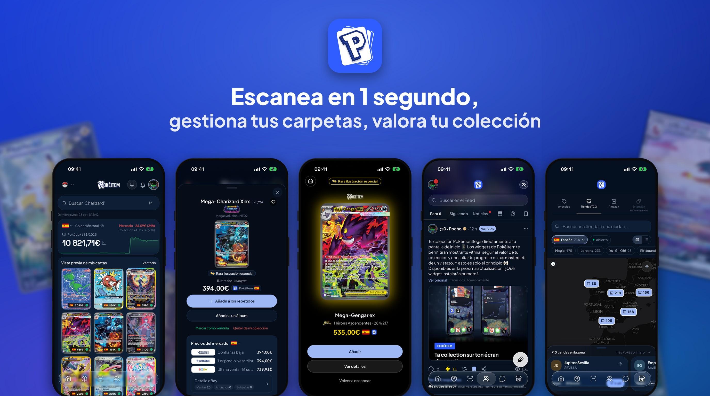 PokéItem 1.3.0: escanea en 1 segundo, gestiona tus carpetas y estima tu colección, cinco pantallas de la aplicación