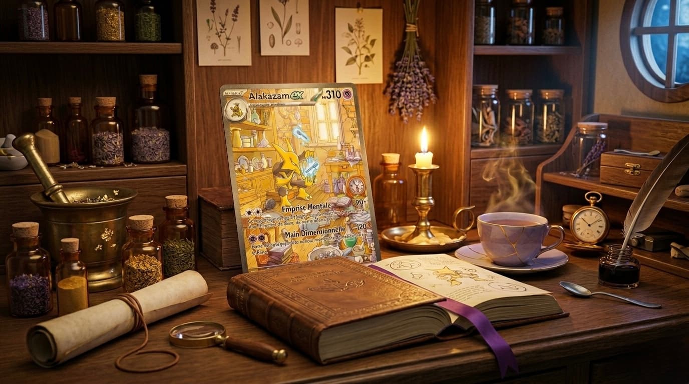 Carte Alakazam ex Special Illustration Rare 201/165 de l'extension Écarlate et Violet 151, illustrée par Shinya Komatsu, montrant Alakazam dans un décor mystique aux tons bleutés