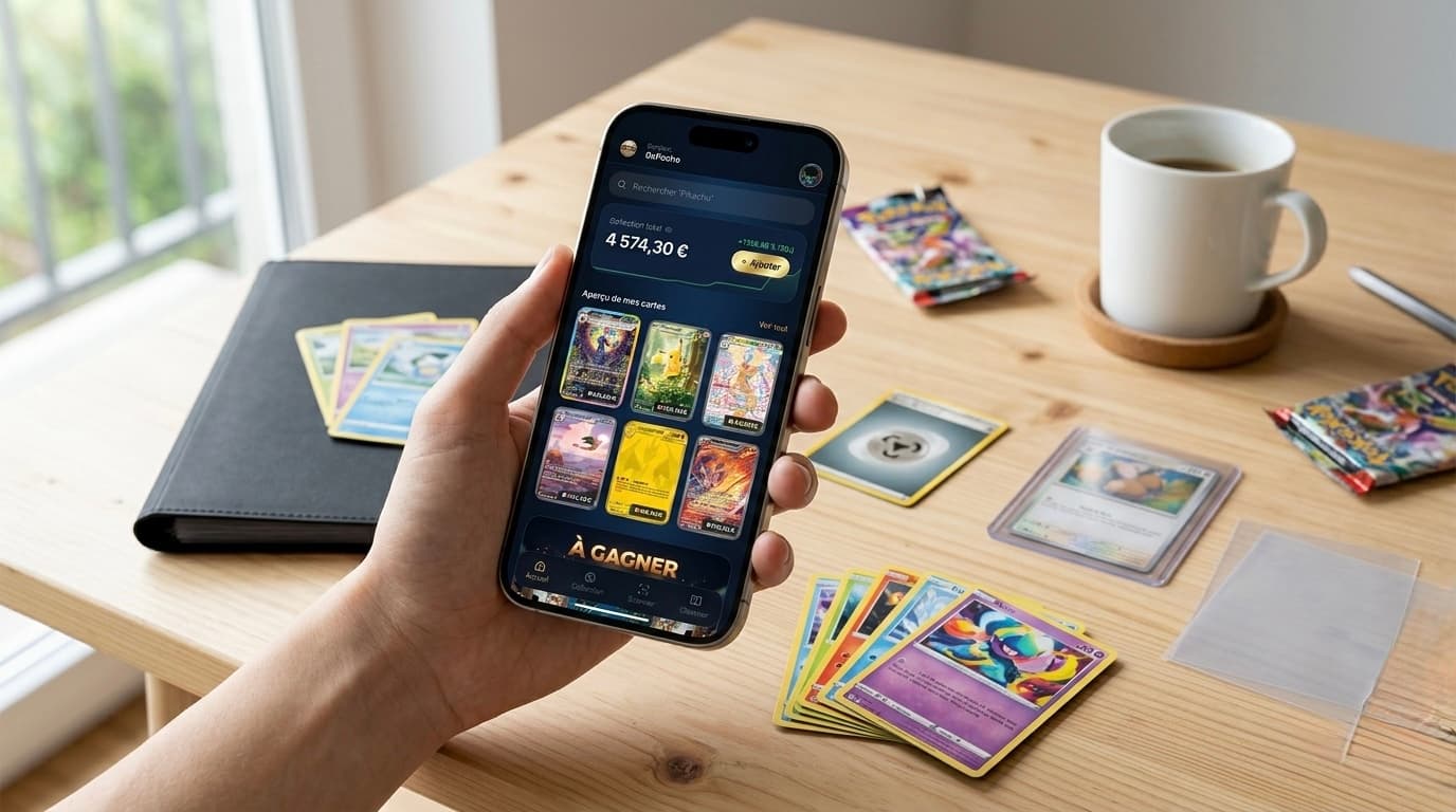 Interface d'une application carte Pokémon sur smartphone affichant une collection de cartes TCG physiques triées par extension, avec prix en euros et valeur totale estimée