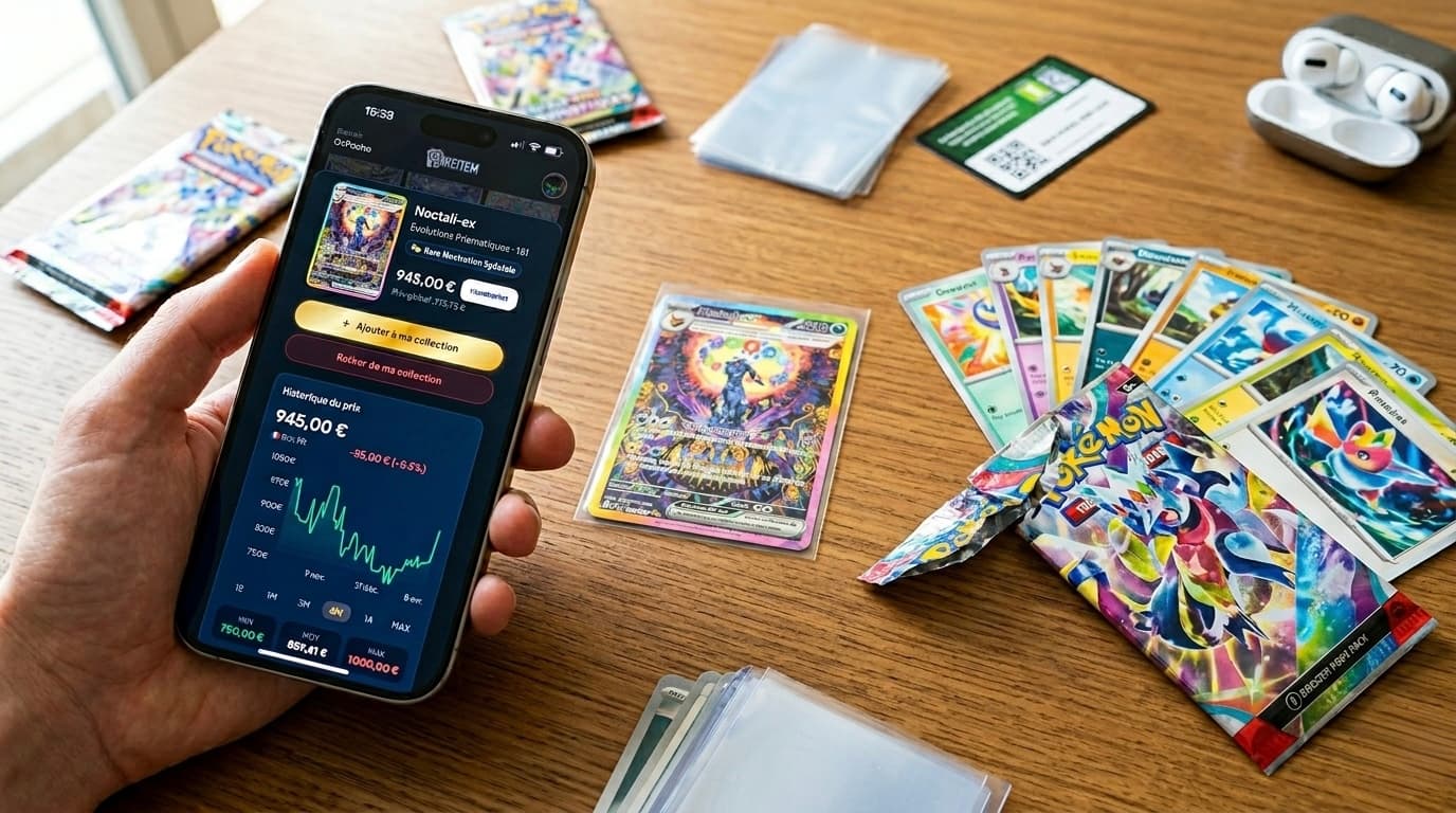 Interface d'une application de suivi de prix de cartes Pokémon TCG physiques affichant des graphiques de cotation en temps réel sur un smartphone, avec des cartes Pokémon posées autour