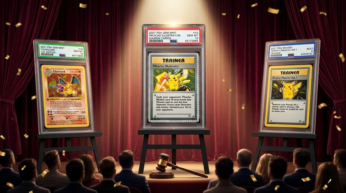 Classement des cartes Pokémon les plus chères au monde en 2026, avec le Pikachu Illustrateur, le Dracaufeu 1ère édition PSA 10 et les Trophy Pikachu sur fond sombre