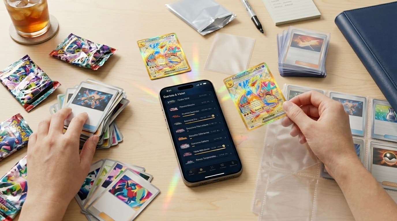 Smartphone affichant une application de collection carte Pokémon avec des cartes Méga-Évolution étalées sur une table, dont une carte Méga-Dracaufeu ex de l'extension Flammes Fantasmagoriques