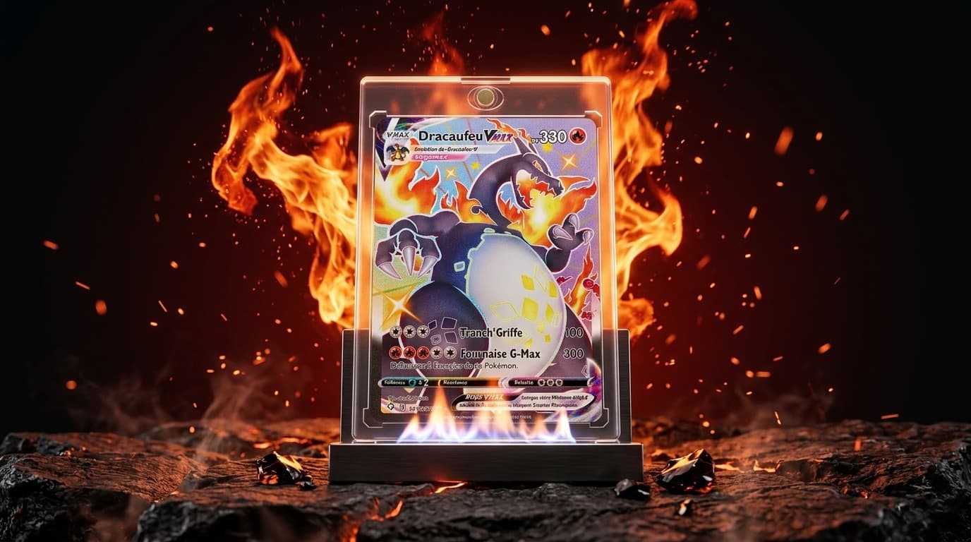 Carte Dracaufeu VMAX Shiny chromée du Shiny Vault de l'extension Destinées Radieuses, cotée autour de 220 euros en français