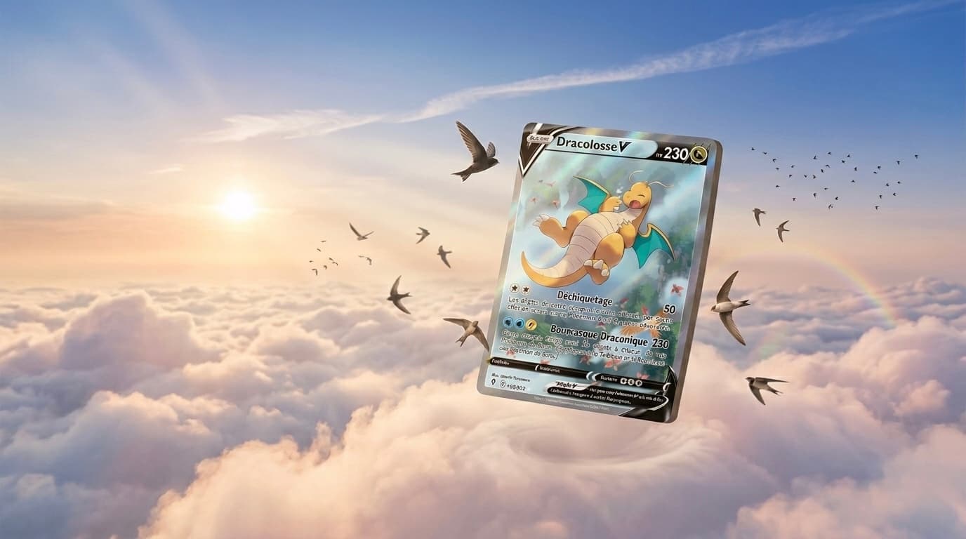 Carte Pokémon Dracolosse V Alt Art 192/203 de l'extension Épée et Bouclier Évolution Céleste, illustration d'Atsushi Furusawa représentant Dracolosse en vol entouré de Piafabec et d'un Rapasdepic sur fond de ciel bleu