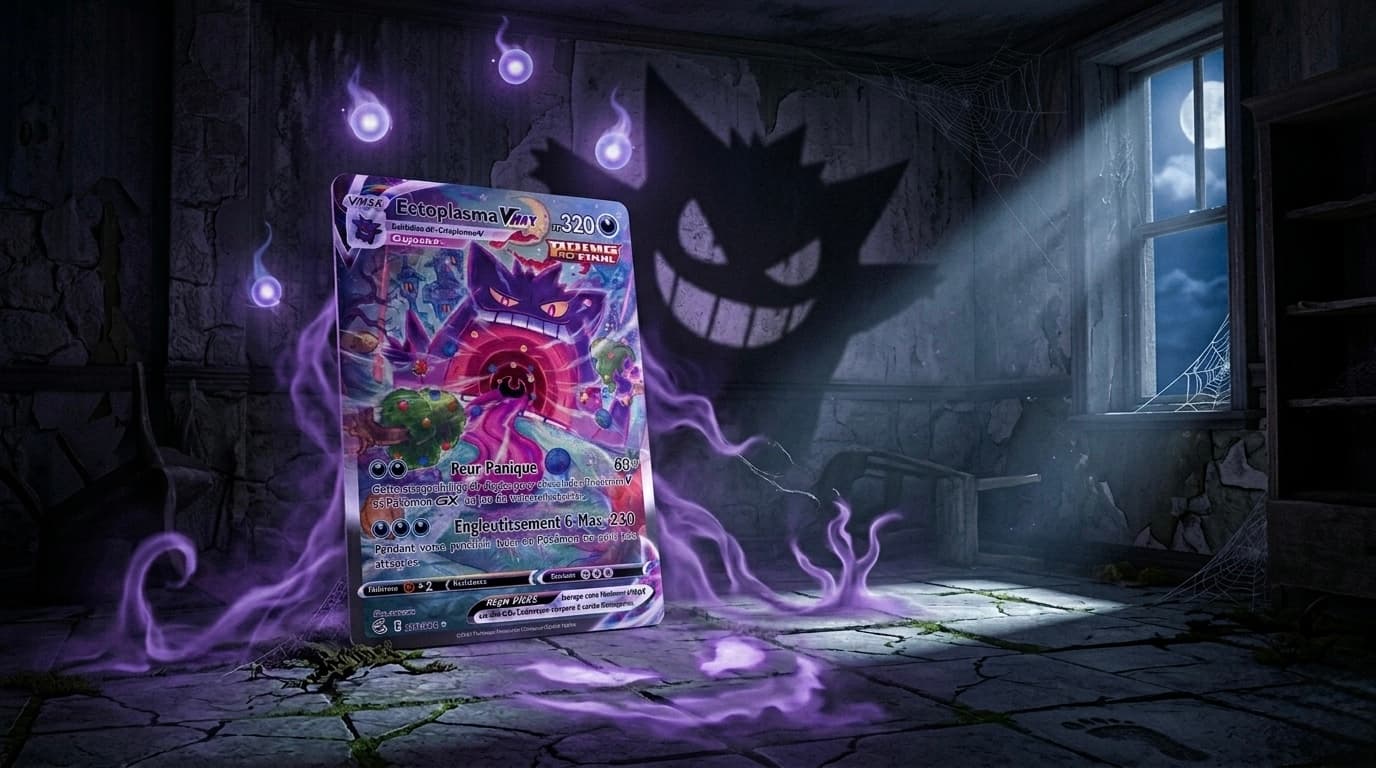 Carte Pokémon Ectoplasma VMAX Alt Art 271/264 de l'extension Épée et Bouclier Poing de Fusion, illustration alternative par sowsow, version secrète hors numérotation