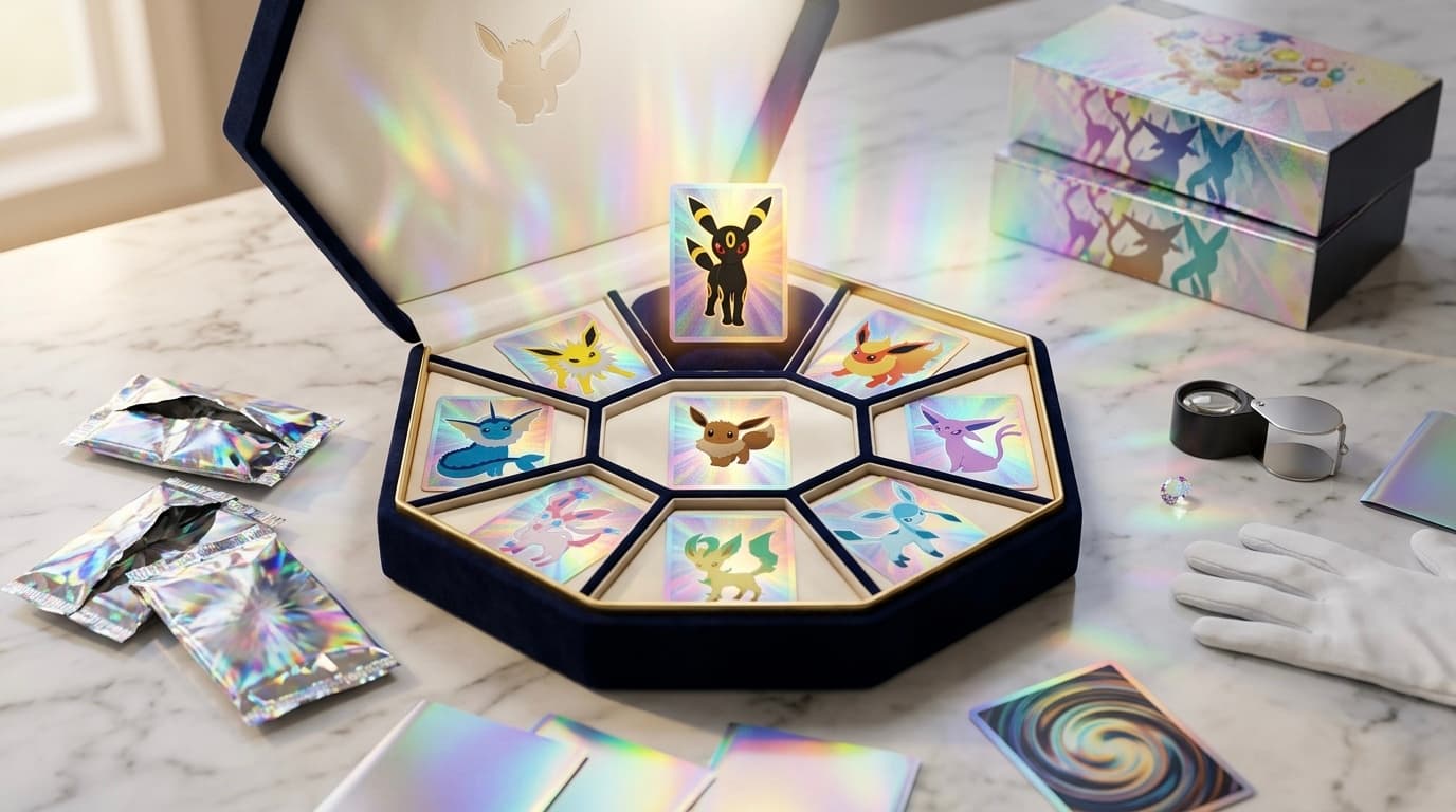 Illustration de l'extension Pokémon TCG Écarlate et Violet Évolutions Prismatiques montrant Noctali, Mentali, Nymphali et les autres Évolitions en tant que Pokémon-ex Téracristal Stellaire sur fond prismatique arc-en-ciel