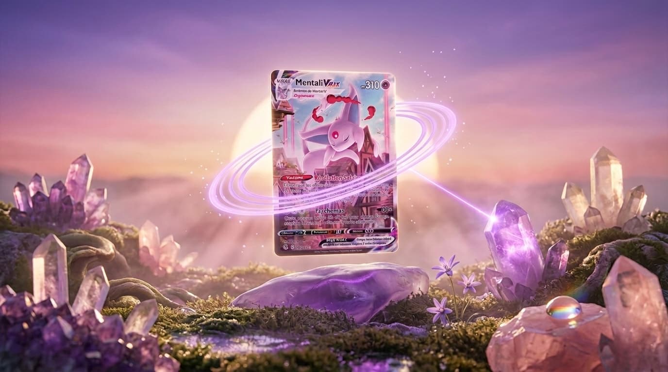 Carte Pokémon Mentali VMAX Alt Art 270/264 de l'extension Épée et Bouclier Poing de Fusion, illustration alternative Secret Rare par Kouki Saitou, fond rose et violet avec Mentali en forme Gigamax