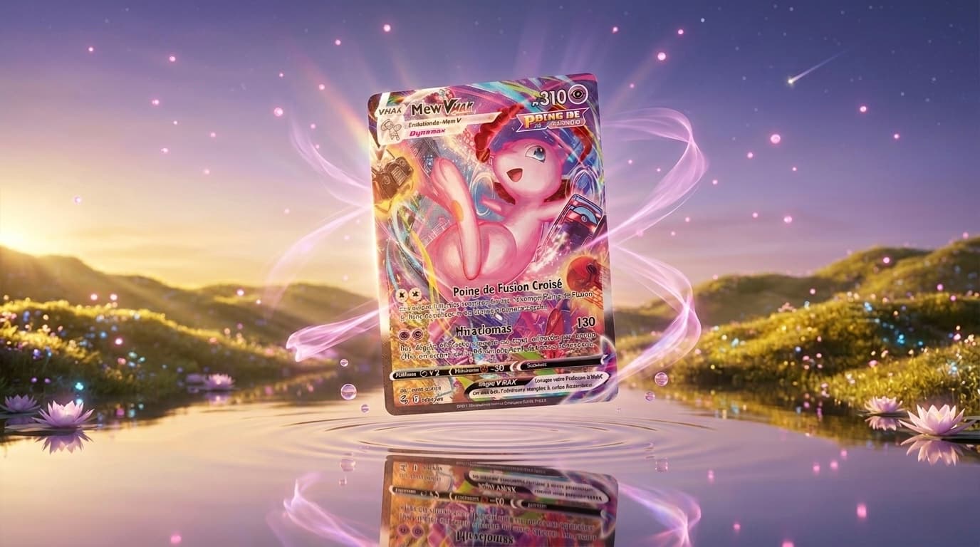 Carte Mew VMAX Alt Art (269/264) de l'extension Poing de Fusion, illustrée par Akira Egawa, pièce emblématique du TCG Pokémon moderne
