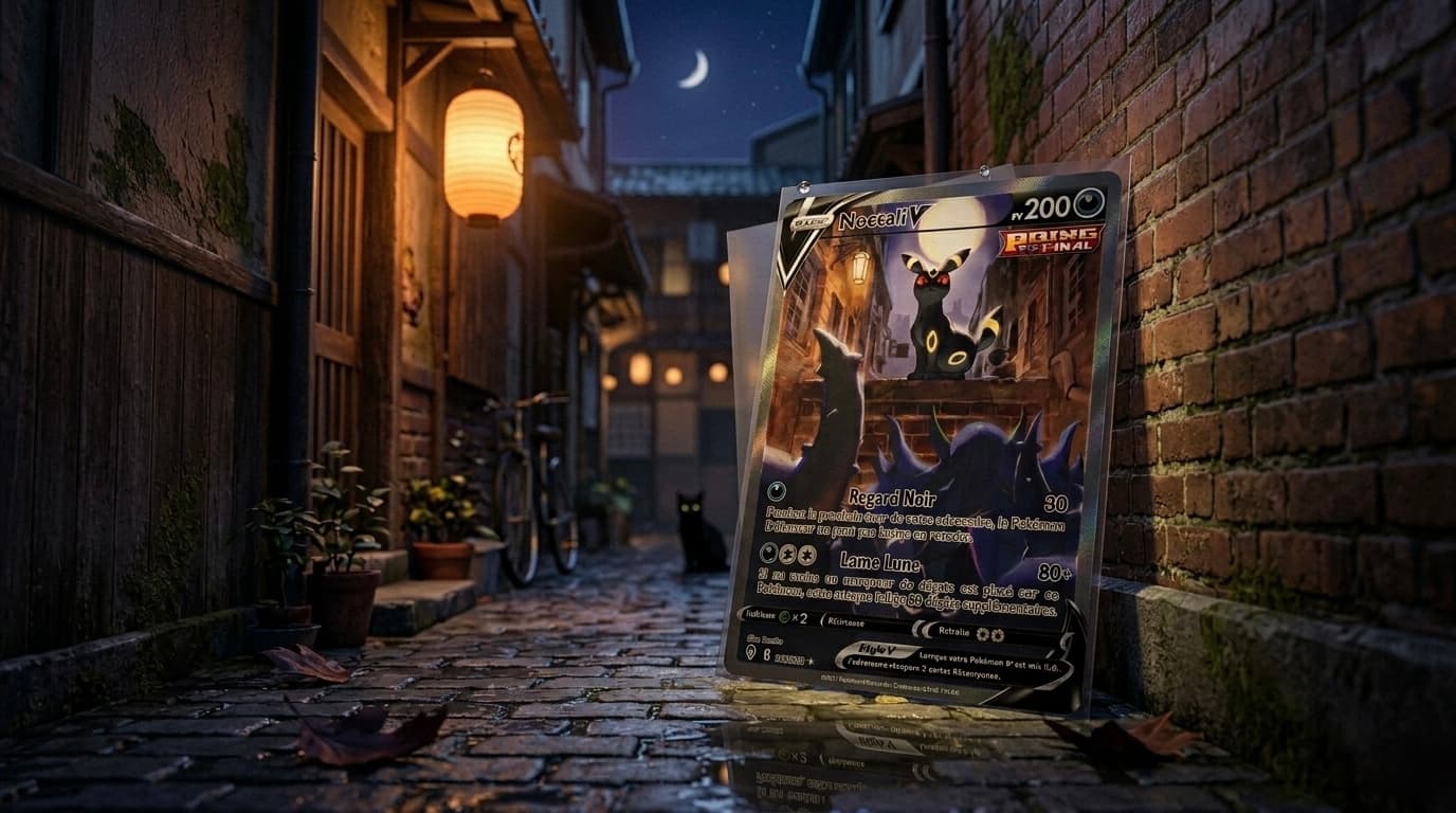 Carte Pokémon Noctali V Alt Art 189/203 de l'extension Épée et Bouclier Évolution Céleste, illustration Teeziro montrant Noctali dans un décor nocturne avec un dresseur