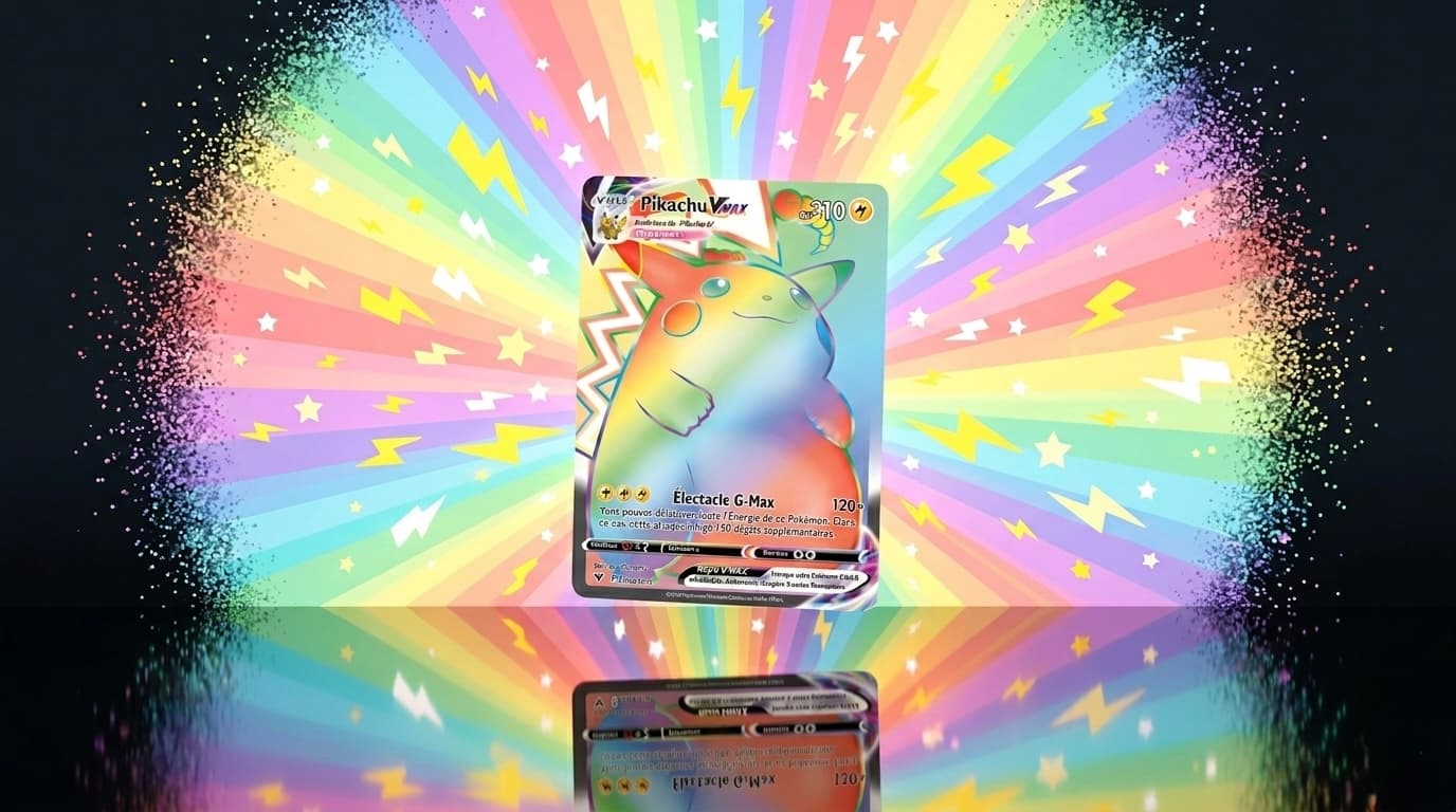 Carte Pikachu VMAX Rainbow Rare 188/185 de l'extension Voltage Éclatant SWSH04, Secret Rare arc-en-ciel avec illustration pleine carte de aky CG Works