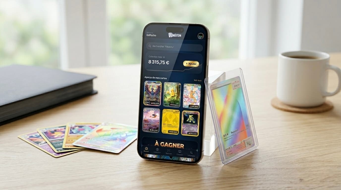 Comparatif des applications de gestion de collection de cartes Pokémon TCG : Pokecardex et PokeItem côte à côte sur écran mobile et desktop