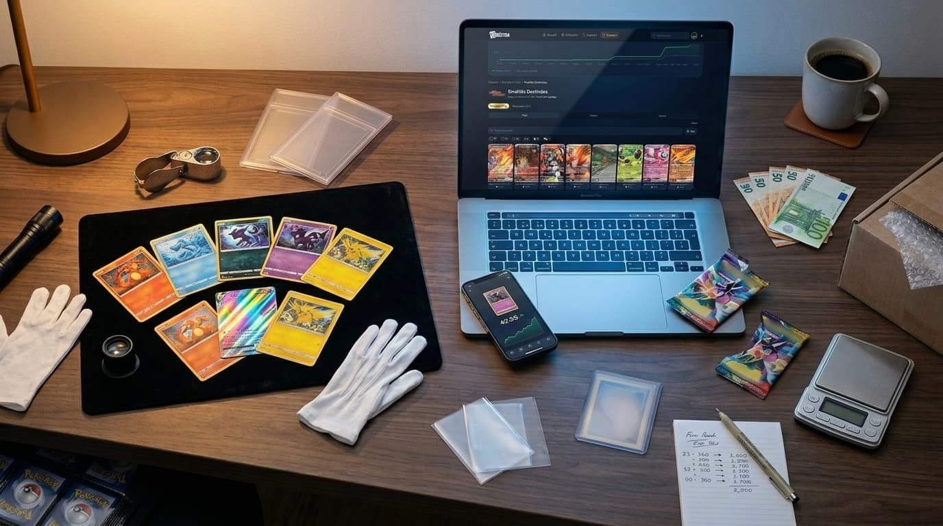 Collectionneur consultant la cote et le prix d'une carte Pokémon rare sur une application de suivi, avec des cartes holographiques posées sur un bureau