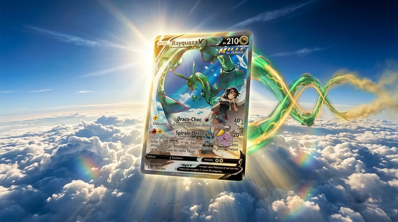 Carte Pokémon Rayquaza V Alt Art numéro 194/203 de l'extension Épée et Bouclier Évolution Céleste, illustrée par Ryuta Fuse avec Zinnia et Rayquaza en plein ciel