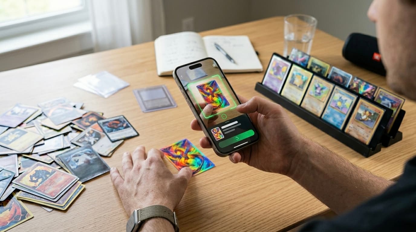 Téléphone tenu à la main pointant sa caméra vers une carte Pokémon holographique posée sur une table, interface d'une application de reconnaissance affichant le nom et la cote de la carte en temps réel