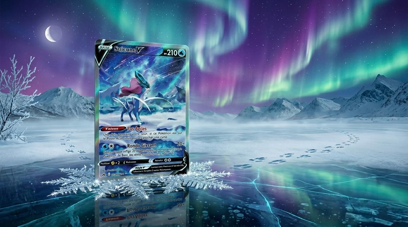 Carte Pokémon Suicune V Alt Art GG38 GG70 du sous-ensemble Galarian Gallery de Zénith Suprême, illustrée par Atsushi Furusawa, représentant Suicune dans un paysage enneigé et étoilé avec sa crinière rose flottante