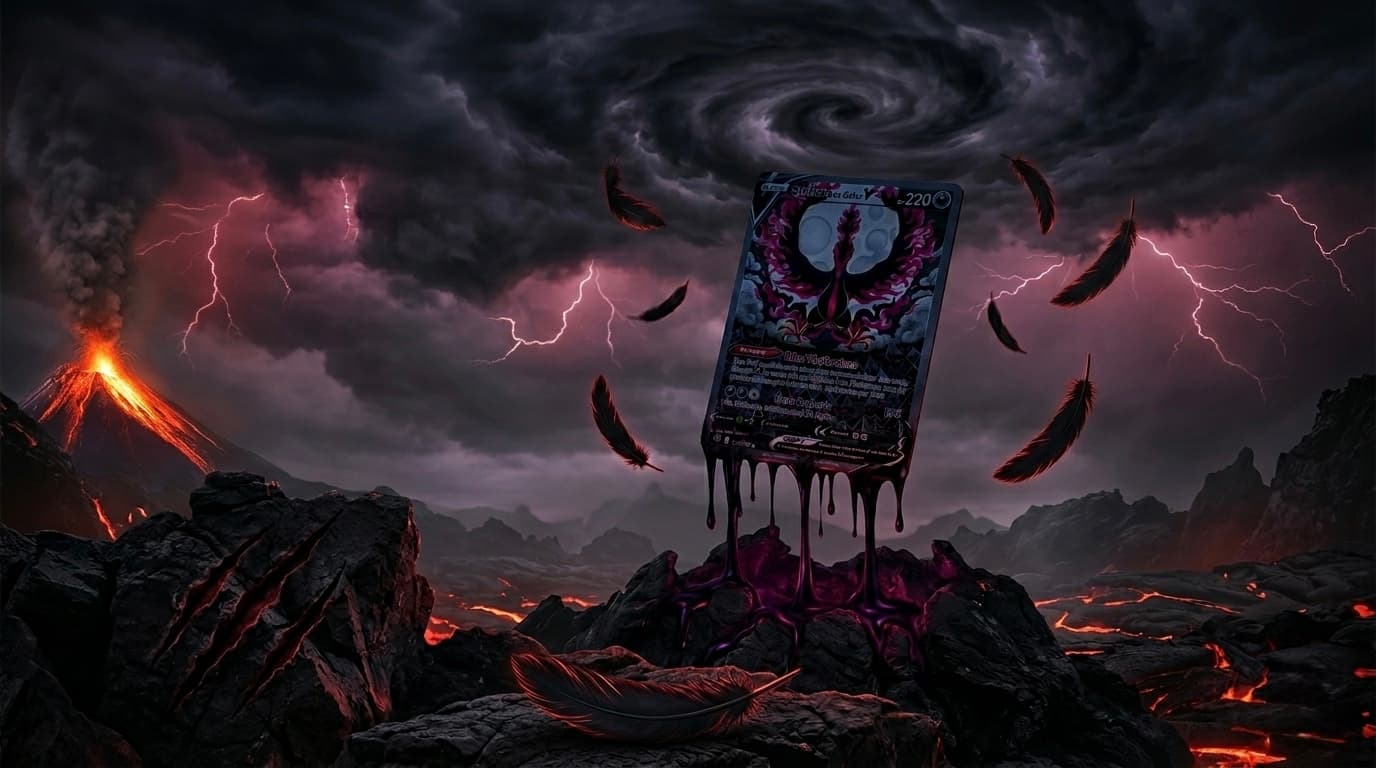 Carte Pokémon Sulfura de Galar V illustration alternative 177/198 de l'extension Épée et Bouclier Règne de Glace, illustrée par Shibuzoh, type Ténèbres 220 PV, fond sombre monochrome