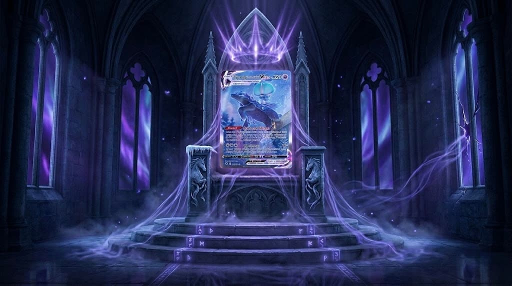 Carte Pokémon Sylveroy Cavalier d'Effroi VMAX Alt Art 205/198 de l'extension Règne de Glace, illustration Mitsuhiro Arita, carte holographique Secret Rare avec Emolga visible en arrière-plan