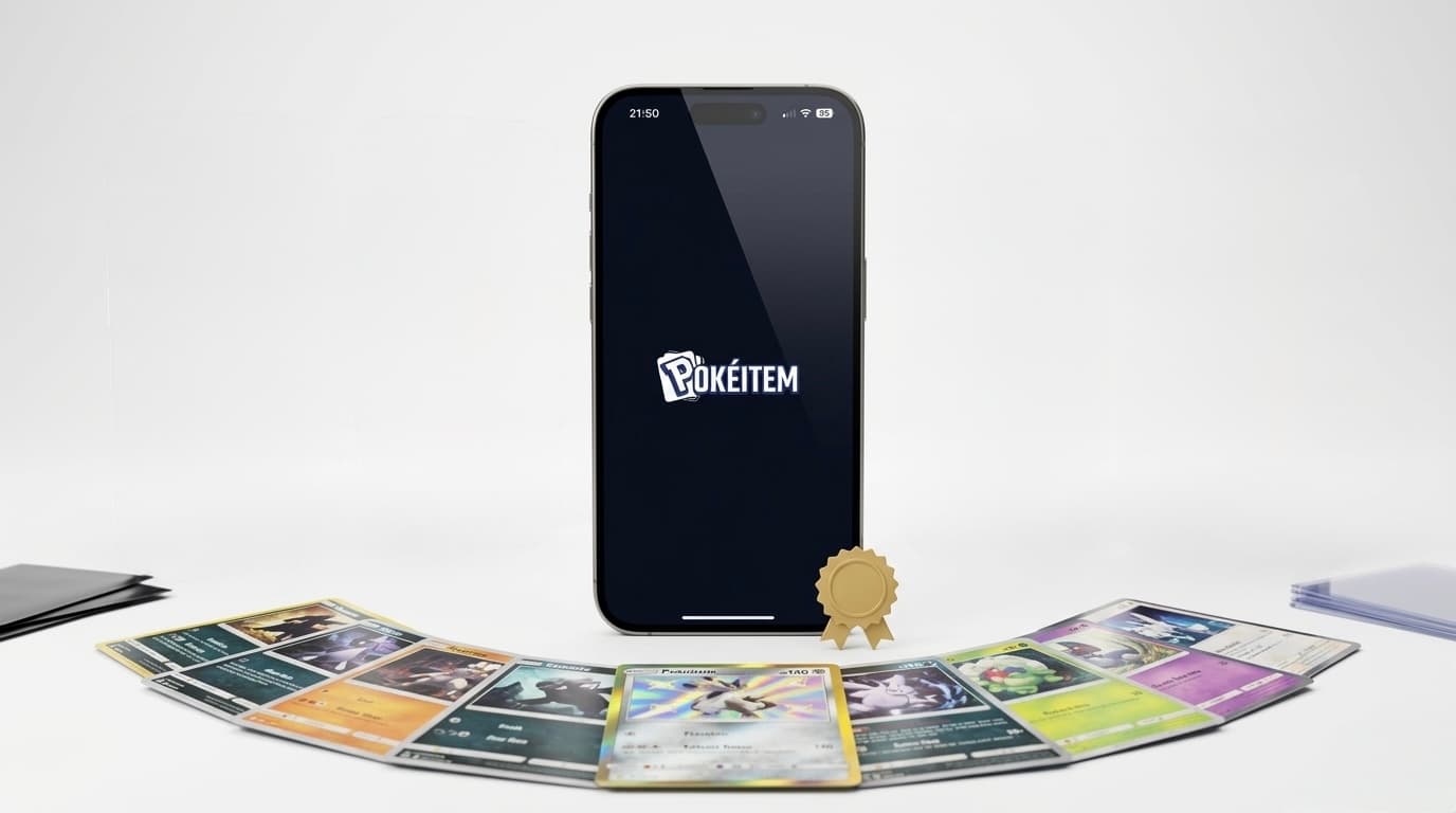 Écrans de plusieurs applications de collection de cartes Pokémon affichées sur smartphone et tablette en 2026, avec des cartes TCG physiques posées à côté