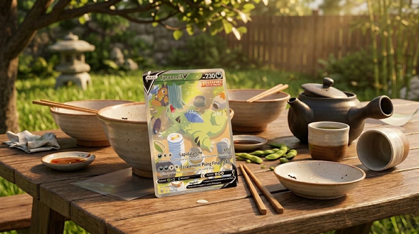 Carte Pokémon Tyranocif V Alt Art numéro 155/163 de l'extension Épée et Bouclier Styles de Combat EB05, illustrée par HYOGONOSUKE, montrant Tyranocif endormi entouré d'assiettes et de tasses après un repas