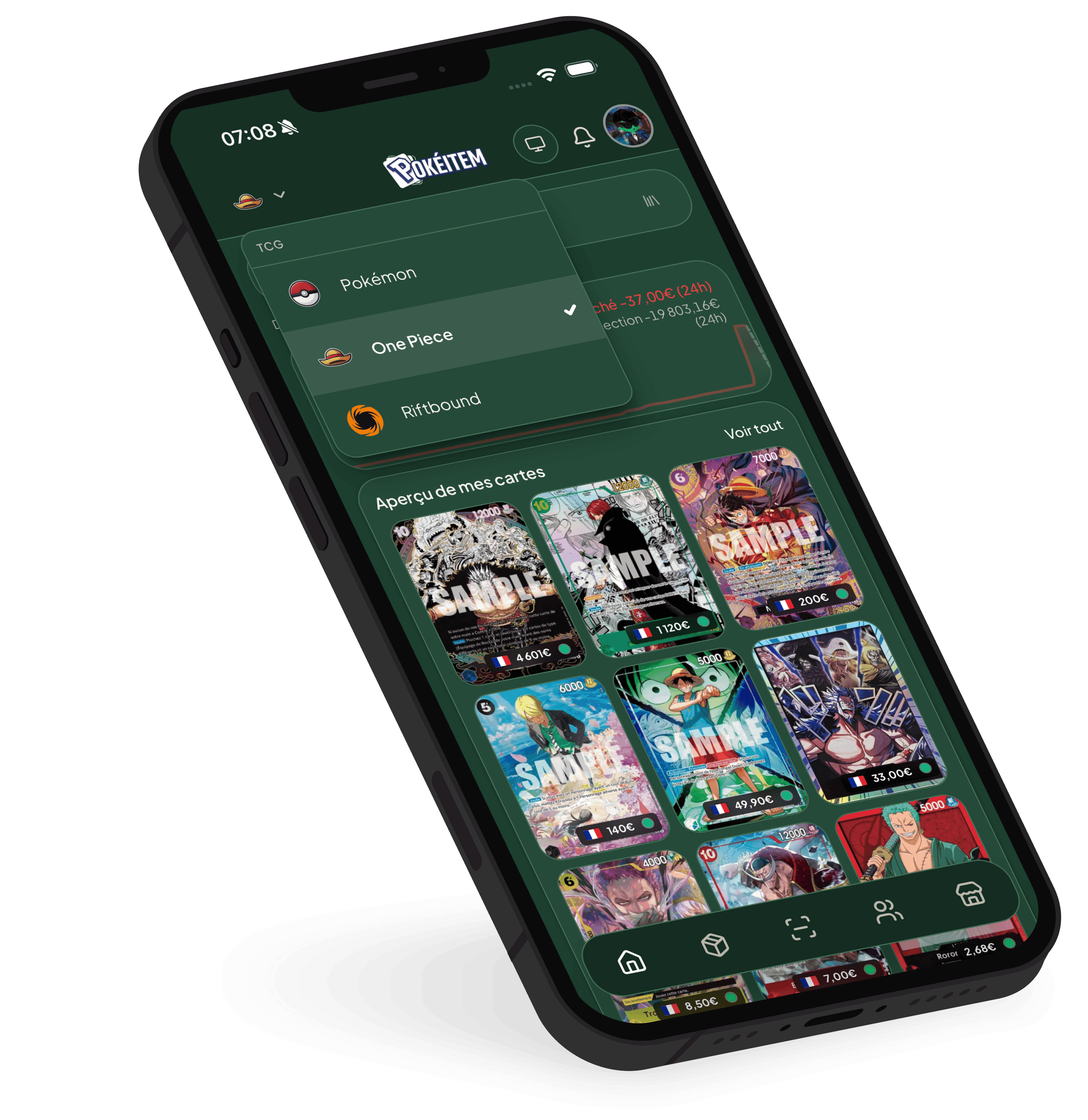 Mockup de iPhone de la app PokéItem — Varios TCG