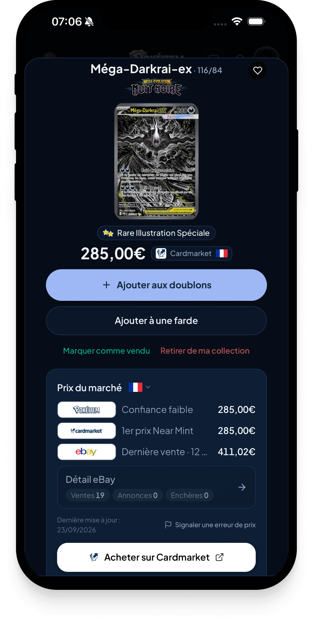 Mockup de iPhone de la app PokéItem — Precios del mercado