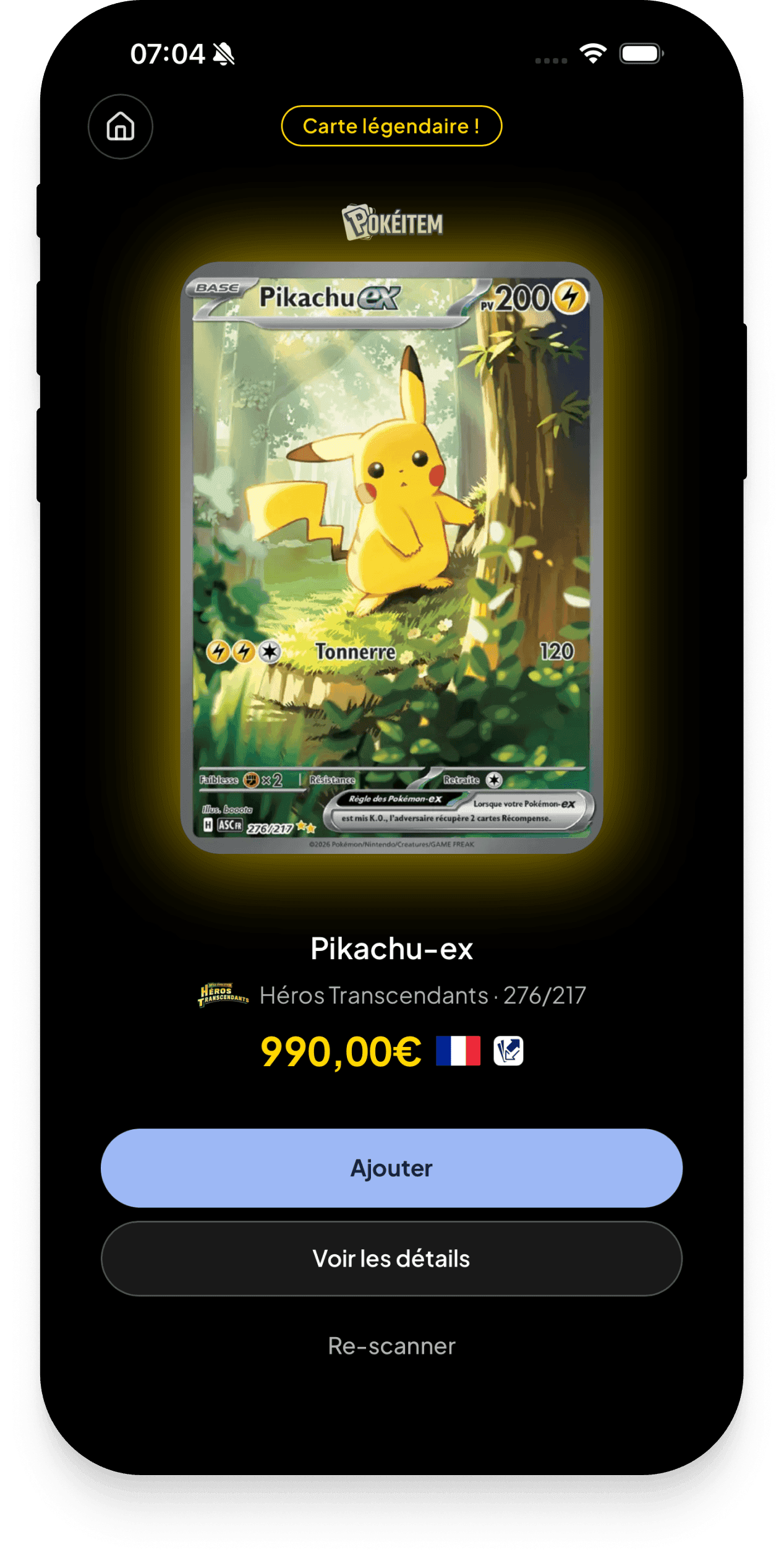 Mockup de iPhone de la app PokéItem — Escáner