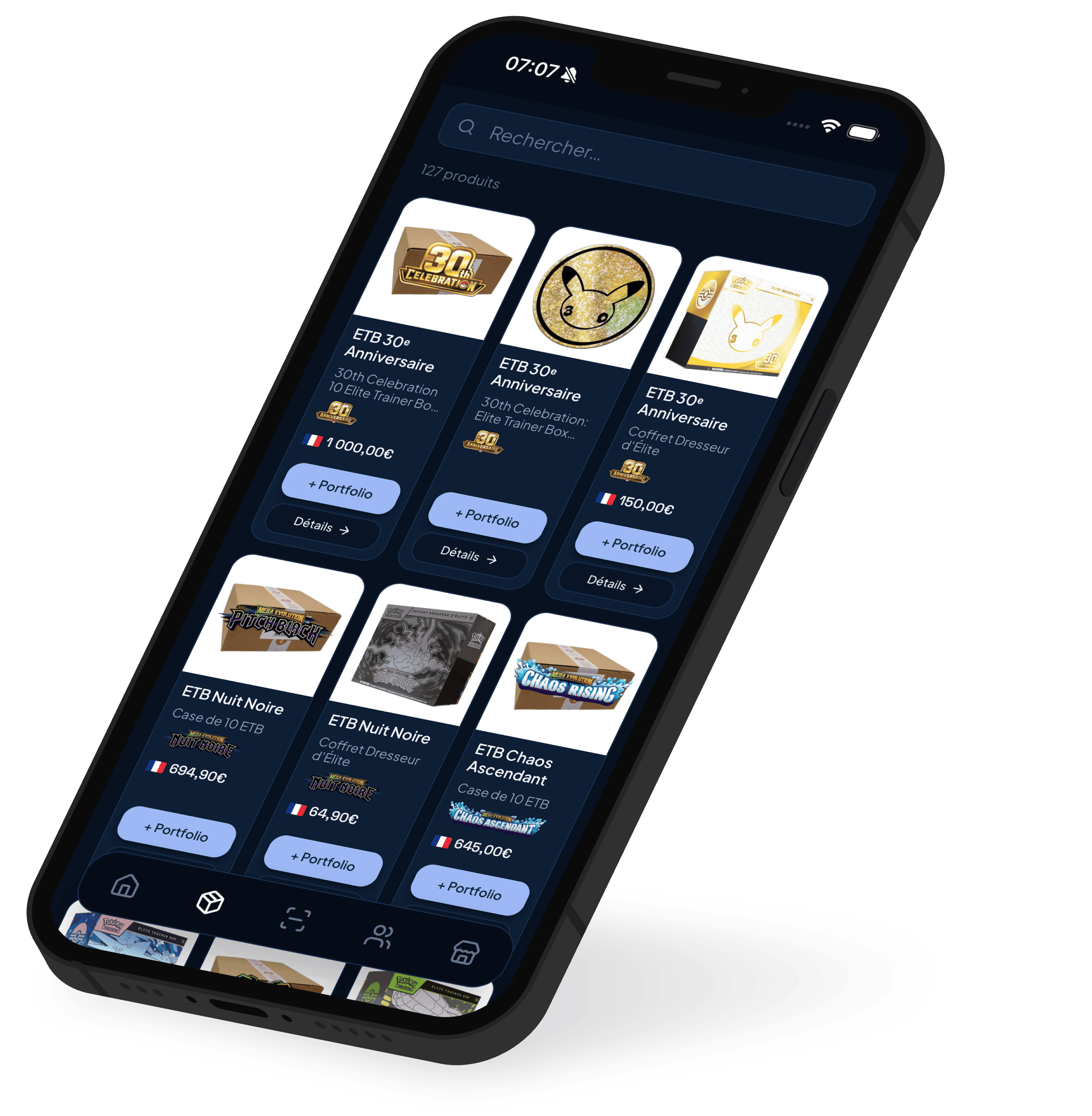 Mockup de iPhone de la app PokéItem — Productos sellados