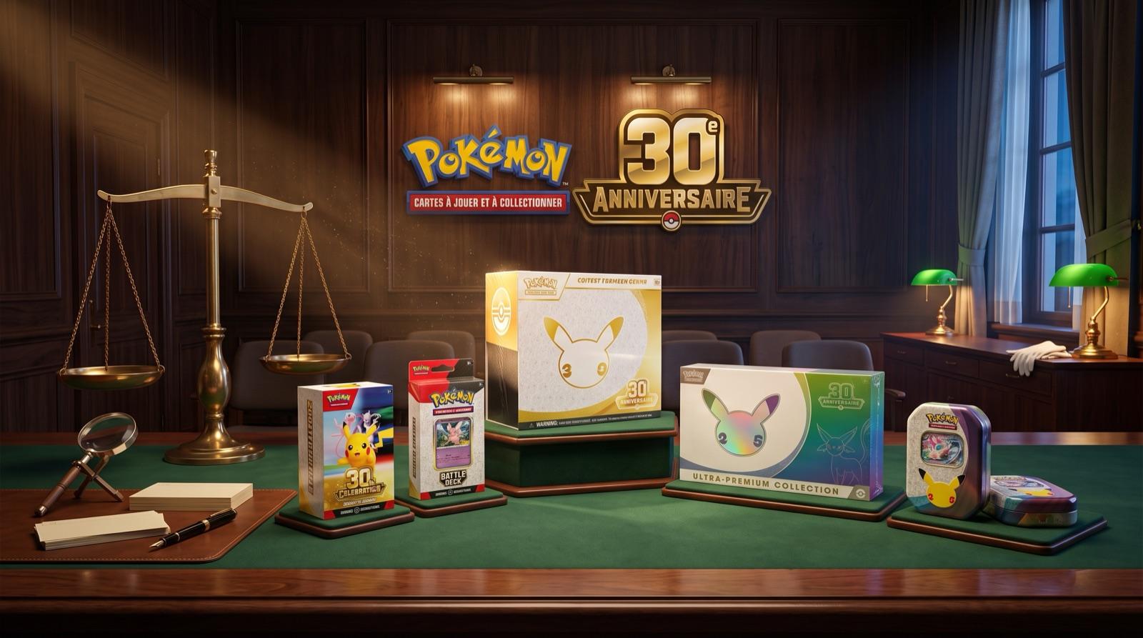 Gamme complète des coffrets Pokémon 30e Anniversaire alignés : Battle Deck, coffret Dresseur d'Élite, Ultra-Premium Collection et mini-coffrets