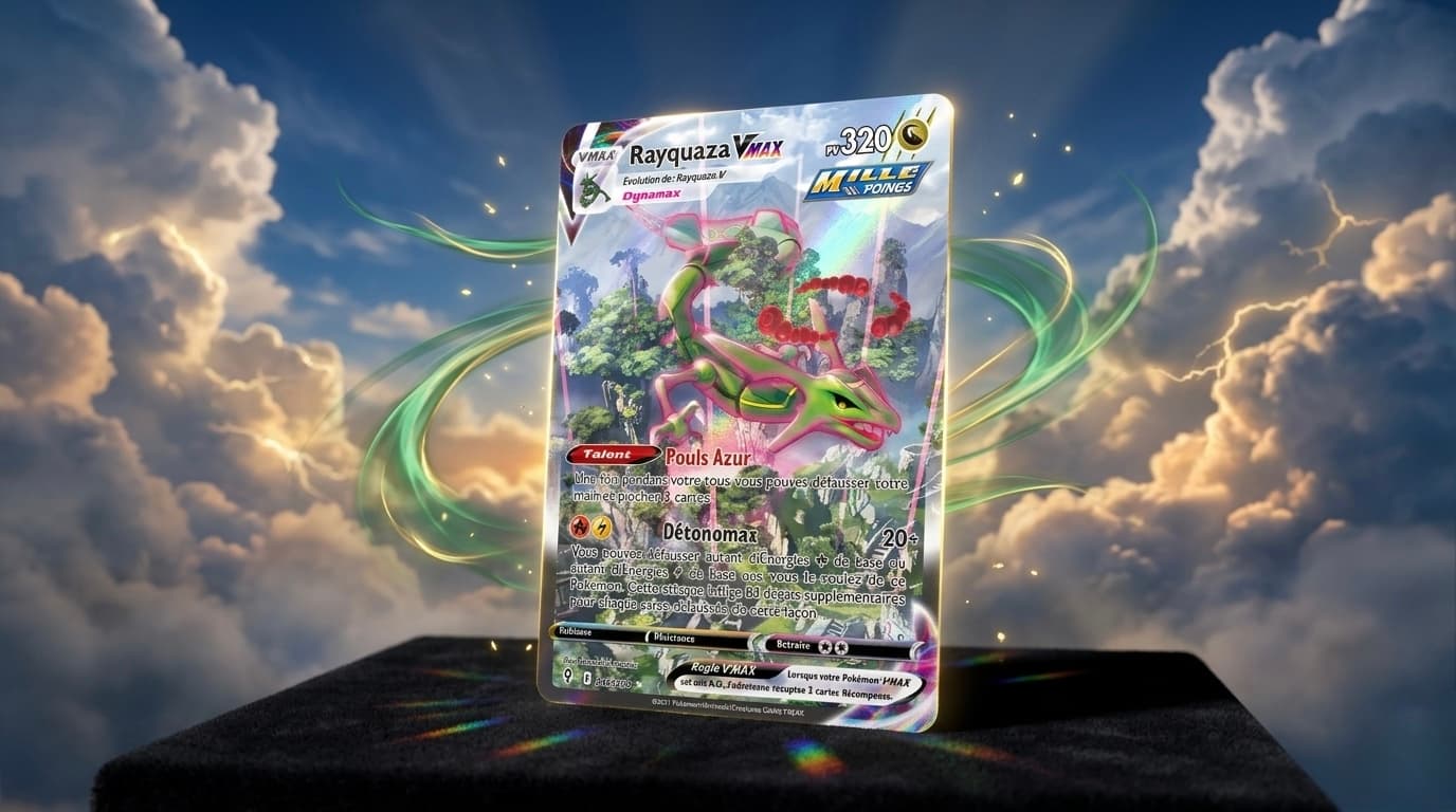 Carte Rayquaza VMAX Alt Art Illustration Rare de l'extension Évolution Céleste, pièce phare du TCG Pokémon moderne